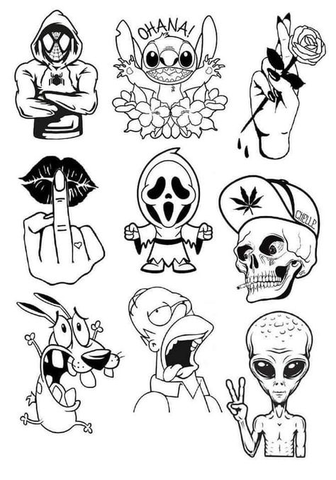 Easy Black And Grey Tattoo, Simple Horror Tattoo Ideas, Tattoo Flash For Men, Retro Cartoon Tattoos, Traditional Tattoo Style Drawings, Easy Tattoo Stencils For Beginners, Mens Small Tattoo Ideas Unique, Mens Tattoo Designs Drawing, Cartoon Tattoo Stencils