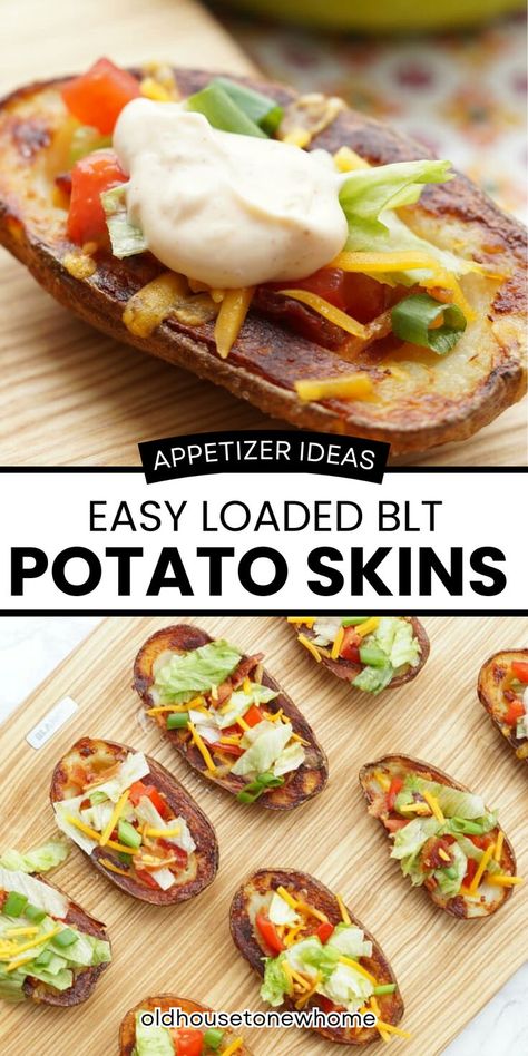 Loaded baked potato skins appetizers. BLT Potato Skins with Spicy Ranch Sauce is the only appetizer recipe you need! Diy Potato Skins, Spicy Ranch Sauce, Loaded Baked Potato Skins, Potato Skins Appetizer, Blt Sandwiches, Potato Skins Recipe, Spicy Ranch Dressing, Loaded Potato Skins, Baked Potato Skins