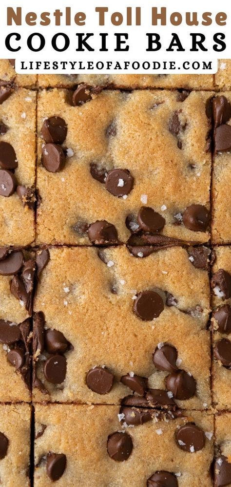 This Nestle Toll House cookie bar recipe is so simple yet so delicious you will not believe it can be made in no time. It makes soft and chewy chocolate chip cookie bars and doesn’t require you to waste too much time rolling individual cookies. With just a handful of simple ingredients you can have this easy recipe ready for your and your family to enjoy asap! Chocolate Chip Pan Cookies Toll House, Nestle Chocolate Chip Cookie Recipe Bars, 9 X 13 Chocolate Chip Cookie Bars, Chocolate Chip Cookies With Hershey Bars, Choc Chip Bars Easy, Chocolate Chip Recipes Easy No Bake, Nestle Chocolate Chip Cookie Bars, Tollhouse Chocolate Chip Cookies Recipe, Chocolate Chip Cookies Bars 9x13