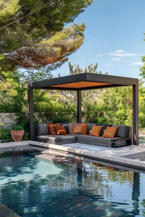 Modern Pool Gazebo Ideas for Stylish Backyards Small Pool Gazebo, Backyard Pool Gazebo, Backyard Pool Cabana Ideas, Pool Gazebo Ideas, Backyard Pool Cabana, Pool Cabana Ideas, Pool Gazebo, Gazebo On Deck, Modern Gazebo