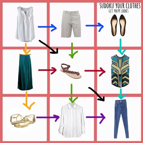 I made this capsule wardrobe sudoku based on Su Sews (So,so)'s, but I simplified it and used only tops, bottoms and shoes, 3 of each. With them I basically can create 7 looks I definitely adore. Never wear something you don't love and feel great in what you're wearing. It can be so simple and simplifying things can really make you happy. Sudoku Packing, Wardrobe Sudoku, Capsule Packing, Kon Mari, Minimalist Closet, Minimal Wardrobe, Fashion Capsule Wardrobe, Travel Capsule Wardrobe, Summer Capsule