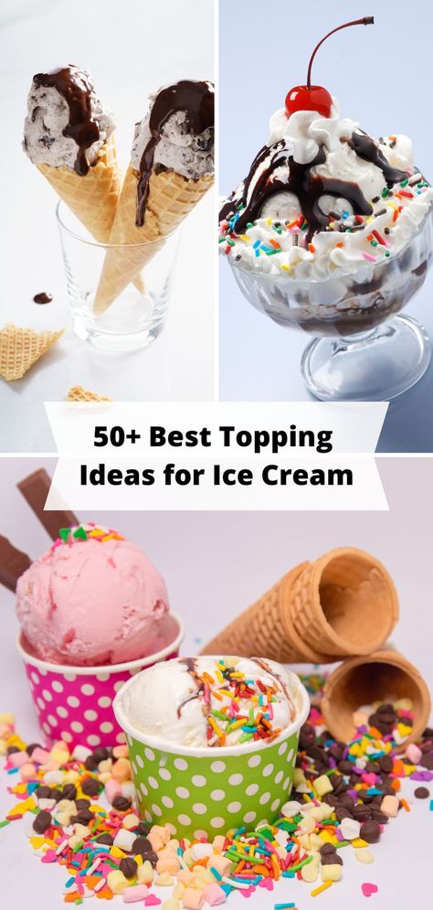 Different scoops of ice cream topped with all sort of sauces, creams, candies, and sprinkle Ice Cream Sundaes Toppings, Ice Cream Sundae Recipe, Sundae Toppings, Sundae Recipes, Ice Cream Sunday, Ice Cream Popsicles, Best Ice Cream, Ice Cream Toppings, Make Ice Cream