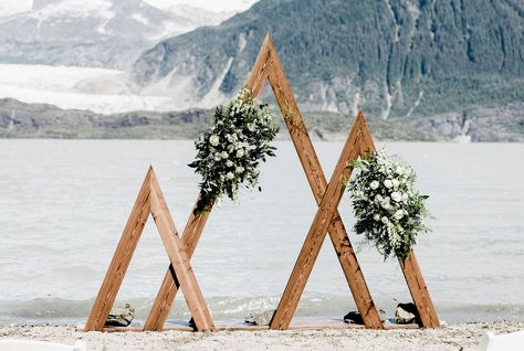 Triangle Wedding Arbor, Winter Wedding Arch, Alaskan Wedding, Photobooth Ideas, Wedding Arbor, Wedding Mountain, Juneau Alaska, Wedding Arbour, Wedding Beach