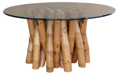 Organic round dining table base of thick bamboo shoots gathered to create a base to support a 3/4" thick glass top. Bamboo base is thick and very sturdy and could be used to support a larger glass top. Base 36"Dia x 29"H; glass top 60"Dia. Slight scratches on glass top wear to bamboo. 60" W x 29.75" H #Modernism #furniture #interiordesign #unique #homes Dining Table Glass Top, Bamboo Dining Table, Dining Table With Glass Top, Glass Kitchen Tables, Dining Table Glass, Top Kitchen Table, Table Glass Top, Bamboo Coffee Table, Table With Glass Top