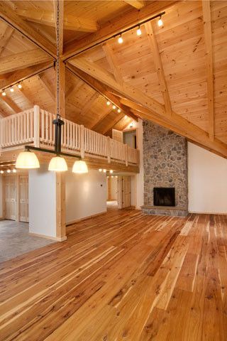 Lighting: Bright Ideas for Your New Log or Timber Home Pine Wood Ceiling, Cabin Flooring, Log Cabin Lighting, Log Cabin Floor Plans, Post And Beam Home, Cabin Interior Design, Log Home Living, Log Cabin Interior, Timber Homes