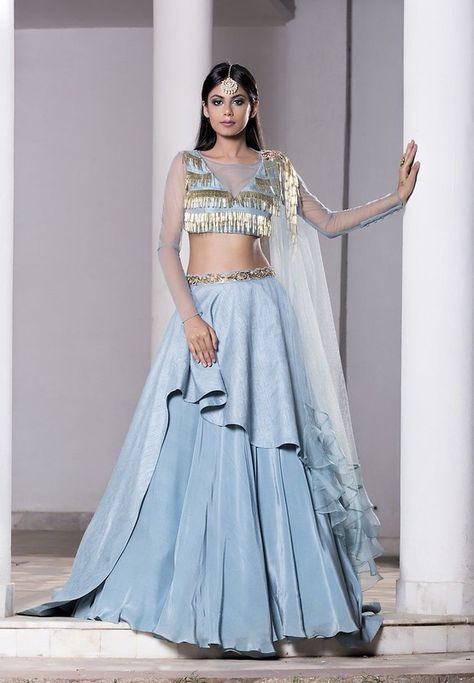 pastel color frill lehenga  #wedding_chicks #lehenga #lehengaforreception #taruntahilini #perfectlehenga #inspiration #lehengaforbridal #bridallehenga #reception #bridalreception #recpetionoutfit #dresses #outifit #lehegngadesigns #designerlehenga Top Designs For Lehenga, Crop Top Designs For Lehenga, Double Layered Lehenga, Trail Lehenga, Gorgeous Lehengas, Layered Lehenga, Orang India, Choli Dress, Lehnga Dress