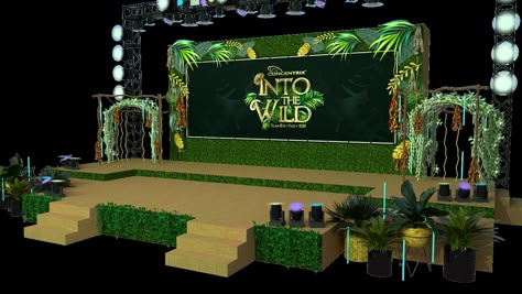 Tropical Stage Decor, Jungle Stage Design, Stage Set Up, Stage Backdrop Ideas, Corporate Stage Design, Creative Backdrop Ideas, Jungle Theme Decor, Stage Green, Garden Stage