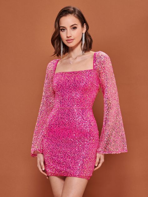 SHEIN BAE Square Neck Bell Sleeve Sequin Bodycon Dress Sequin Dress Short, Disco Dress, Sequin Bodycon Dress, Long Sleeve Sequin, Pink Parties, Square Neck, Sequin Dress, Dress P, Bell Sleeves