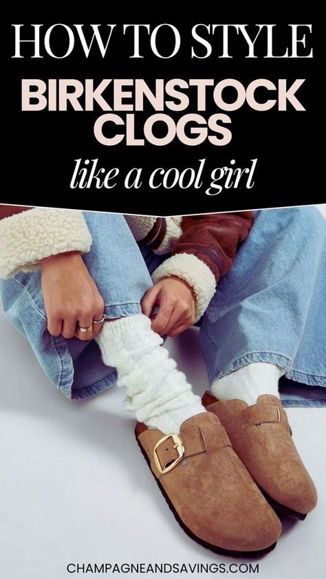 Wondering how to style Birkenstock clogs? I am sharing how to style these trendy women's shoes. Sharing the best outfits for any occasion or season for trendy women's fashion lovers. Womens Birkenstock Clogs, Winter Boston Birkenstock Outfit, Wearing Birkenstock Clogs, Birkenstock Clog With Socks, Socks For Birkenstock Clogs, Clogs And Sweatpants, Birkenstocks Winter Outfit, How To Style Birkenstock, Clogs Outfit For Women Winter