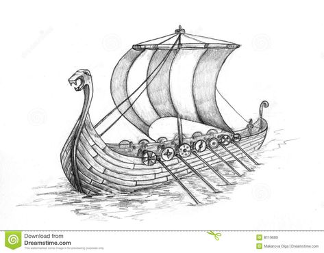 Drakkar - ancient viking ship with 14 oars, under sail in the sea. Description from dreamstime.com. I searched for this on bing.com/images Norwegian Crafts, Barco Viking, Viking Ship Tattoo, Viking Drawings, Ship Sketch, Viking Longboat, Boat Tattoo, Viking Longship, Viking Quotes