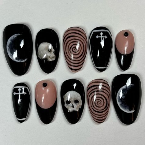 custom skull set ☠️🖤 this was my first time painting a skull on a nail!! i had so much fun making this set 🥹🫶 #nails #nailsnailsnails #nailsart #nailaddict #naildesigns #nailartist #pressons #pressonnails #gelnails #3dnails #explorepage Skull Almond Nails, Skull Nail Tutorial, Skull Nails Art, Black Nails With Nail Art, Halloween Nails Bones, Mortician Nails, Skull Nails Design, Slasher Nails, Short Manicure Nails