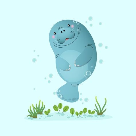 Cute cartoon manatee swimming underwater... | Premium Vector #Freepik #vector #character #cartoon #sea #animals Cartoon Goldfish, Manatee Art, Cartoon Dolphin, Cartoon Sea Animals, Swimming Underwater, Rabbit Vector, Branch Vector, Sea Cow, Fish Vector