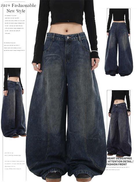 Women's Blue Baggy Y2k Jeans Harajuku Oversize Wide Leg Denim Trousers Japanese 2000s Style Vintage Baggy Y2k Jeans, Japanese 2000s, Big Pants, 2000s Style, Baggy Y2k, Y2k Jeans, Fall Fits, Denim Trousers, Wide Leg Denim