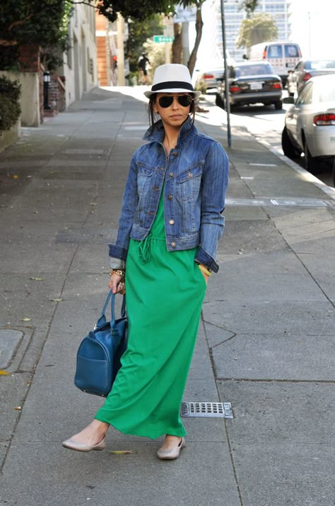 Going Green Maxi Dress With Jacket, Steve Madden Flats, Longchamp Bag, Cute Outfits With Jeans, Green Maxi Dress, Dress With Jean Jacket, Old Navy Dress, Maxi Dress Outfit, Flowy Dresses