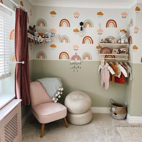 Rainbow Themed Nursery Gender Neutral, Rainbow Room Paint, Rainbow Room Kids Girl Bedrooms, Boho Rainbow Room, Girls Nursery Rainbow, Neutral Rainbow Nursery, Rainbow Themed Nursery, Rainbow Girls Room, Rainbow Room Kids