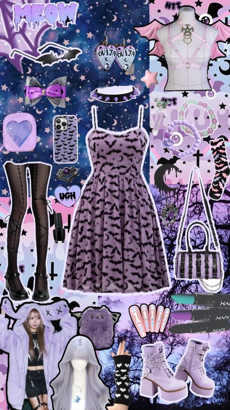 purple pastel goth outfit 💜🤍🩷🖤 - - - #pastel #pastelaesthetic #pastelgoth #goth #gothic #gothaesthetic #aesthetic #purple #oufitinspo #outfit #outfitinspiration #collages #dress #bats #alternative #pink #shoes #bag #jewelry Pink Goth Aesthetic Outfits, Pastel Goth Outfits Aesthetic, Pastel Goth Aesthetic Outfit, Purple Pastel Goth, Purple Goth Aesthetic, Pink Goth Aesthetic, Goth Outfits Aesthetic, Bubblegum Goth, Goth Outfit Inspo