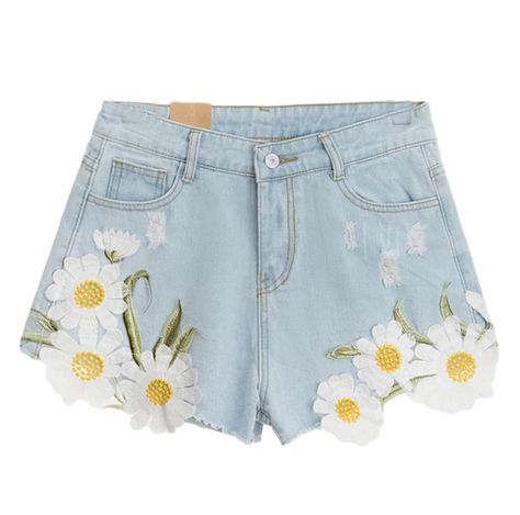 Light Blue Jean Shorts, Floral Denim Shorts, Daisy Embroidery, Embroidered Denim Shorts, Light Blue Shorts, Fashion Tag, Blue Daisy, High Waisted Jean Shorts, Floral Denim