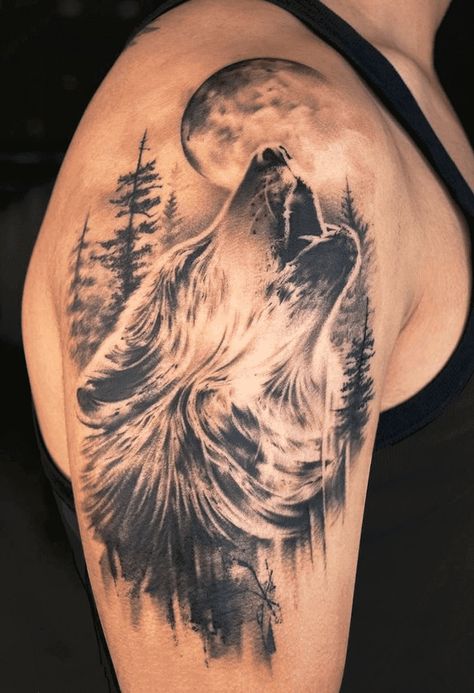 Wolf Protecting Woman Tattoo, Wolf Tattoo Shoulder, Wolf And Moon Tattoo, Howling Wolf Tattoo, Lone Wolf Tattoo, Wolf Tattoos For Women, Wolf Tattoo Back, Wolf Sleeve, Wolf Tattoo Ideas