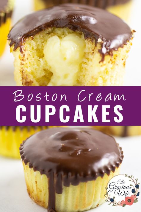 Boston Cream Pie Cupcakes are a mini version of the classic with soft, fluffy, cupcakes, homemade custard filling, and a rich, decadent chocolate ganache. This from scratch recipe is the BEST. Boston Cream Cupcakes Recipe, Fluffy Vanilla Cupcakes, Cream Pie Cupcakes, Boston Cream Cupcakes, Boston Cream Pie Cupcakes, Cream Filled Cupcakes, Cupcakes Filled, Pie Cupcakes, Cream Cupcakes