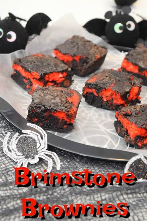 Brimstone Cookies, Friday The 13th Dessert, Halloween Dessert Brownies, Vampire Brownies, Autumn Brownies, Brimstone Bread, Red Cheesecake, Brownies For Halloween, Haunted School