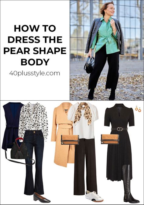 pear shaped body? Learn how to dress for the pear shape body type Elegant Outfit For Pear Shape, Pear Shaped Professional Outfits, Pear Shape Street Style, Pear Shaped Business Outfits, Formals For Pear Shaped Women, Pear Shape Office Outfit, Petite Pear Shape Capsule Wardrobe, Business Casual Pear Shape, Business Casual Outfits Pear Shape