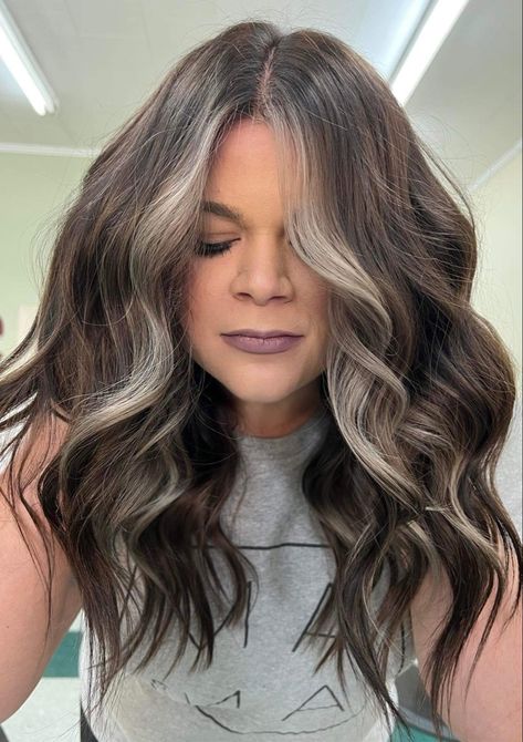 Brunette Hair With Silver Money Piece, Money Piece Balayage Gray Hair, Cool Brown With Money Piece, Brown Hair With Grey Money Piece, Money Piece For Gray Hair, Dark Ash Brown With Money Piece, Brunette With Grey Money Piece, Mushroom Money Piece Hair, Dark Ash Brown Hair With Money Piece