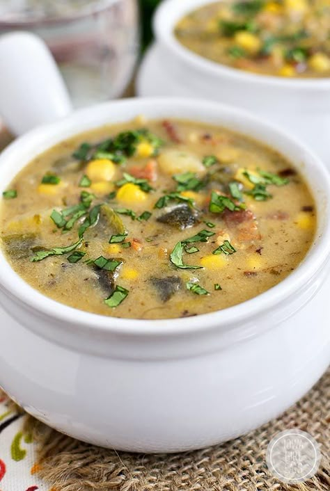 Thicker than soup yet thinner than stew, Roasted Poblano, Sweet Corn and Potato Soup is warming and filling. Poblano Soup, Gluten Free Soup Recipes Glutenfree, Roasted Poblano, Potato Chowder, Roasted Cauliflower Soup, Chile Poblano, Healthy Soups, Hamburger Soup, Healthy Mexican