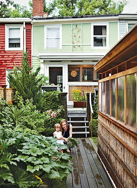 Dwell - Run-Down Row House in Boston Becomes a Quiet Urban Escape with Two Green Roofs Row Home, Garage Guest House, Home Backyard, Backyard Hammock, East Boston, Outdoor Tub, Backyard Balcony, Modern Backyard, House Portraits