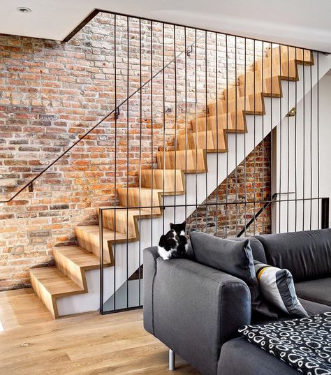 Minimalist Interiors on Instagram: “BRICK WALL&WOODEN STAIRS!I’m usually not a fan of brick walls but defined of this one!!😍🧱 What do you guys think of this staircase design?…” Faux Brick Accent Wall, Brick Wall Ideas, Diy Brick Wall, Interior Accent Wall, Interior Window Trim, House In New York, Faux Stone Panels, Modern Basement, Stairs Architecture