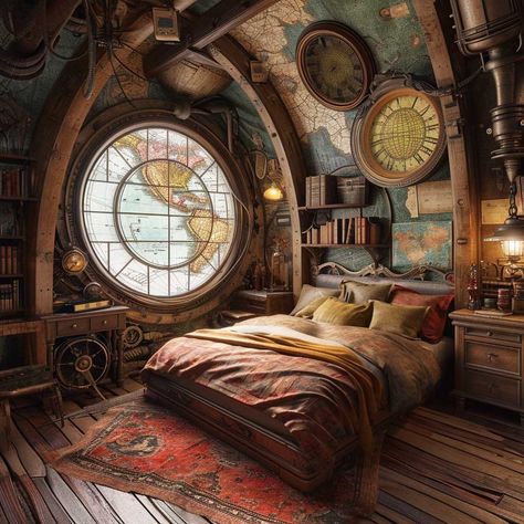 Crafting an Industrial Fantasy with Steampunk Interior Design • 333+ Inspiring Lifestyle Ideas Jules Verne Aesthetic Room, Steampunk Room Ideas, Steam Punk Bedroom, Steampunk House Interiors, Steampunk Interior Design, Steampunk Rooms, Steampunk Bedroom, Steampunk Kitchen, Steampunk Interior