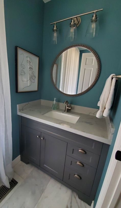 Turquoise Vanity Bathroom Ideas, Agean Teal Bathroom, Teal Bathroom Cabinets, Teal Powder Room, Benjamin Moore Aegean Teal, Dark Teal Bathroom, Teal Vanity, Benjamin Moore Kendall Charcoal, Teal And Gray Bathroom