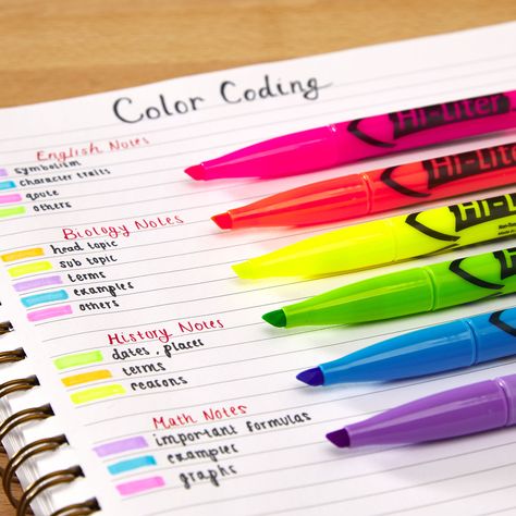 Time to get ready for this back-to-school season. Let Avery help your teen prepare and stay organized this year. Check out five easy back-to-school study tips, and how these color coded Hi-Liters can help them out! Color Coding Notes Ideas, Notes Preparation Ideas, Study Materials Organization, Highlighting Tips School, How To Color Code Notes, Color Coded Organization, Color Code For Studying, Notes Color Code, Study Tips For Chemistry