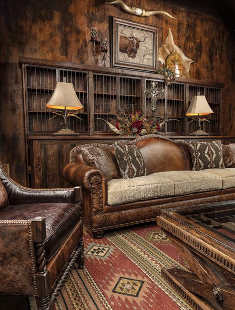 Yellowstone Style Home Decor, Cabin Leather Furniture, Lodge Furniture Ideas, Yellowstone Living Room Decor, Yellowstone Furniture, Southwestern Office Decor, Cowboy Office Decor, Old West Interior, Western Style Furniture