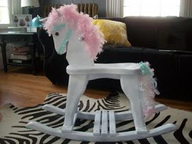 Make Over on Rocking Horse   so i found this rocking horse on the side of the road on garbage day so i picked it up...    things your going... Rocking Horses Painted, Rocking Horse Diy, Unicorn Rocking Horse, Wood Rocking Horse, Baby Gifts To Make, Photo Props Diy, Wooden Rocking Horse, Horse Mane, Stick Horses