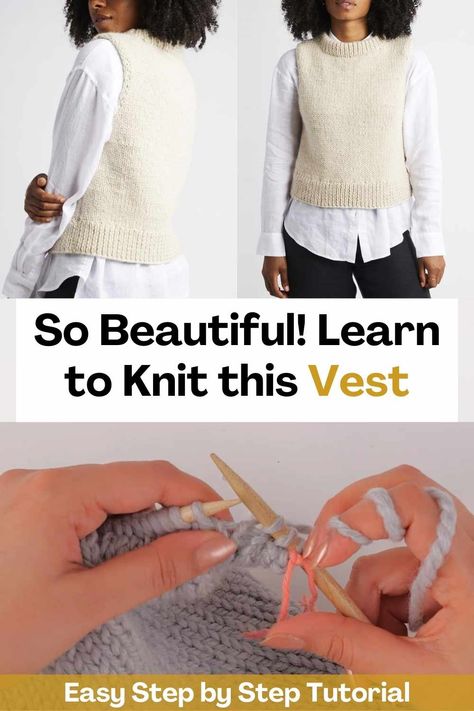 Thanks to this video tutorial you will be able to learn how to knit this beautiful vest. This knitting project is perfect for makers who already have a few projects under their belt or beginners who feel more confident! In this video you will find all the instructions you need, from mounting, 1x1 rib stitch and stockinette stitch to shape techniques, changing your ball of yarn, finishing off and joining your pieces. So if you are interested in improving your sewing skills, this tutorial is... 1 Ball Yarn Projects Crochet, How To Knit A Vest For Beginners, Sweater Vest Knitting Pattern Free, Vest Knitting Patterns For Women, Knitted Vest Patterns Free For Women, Baby Romper Crochet, Knitted Sleeveless Vest, Romper Crochet, Garter Stitch Scarf