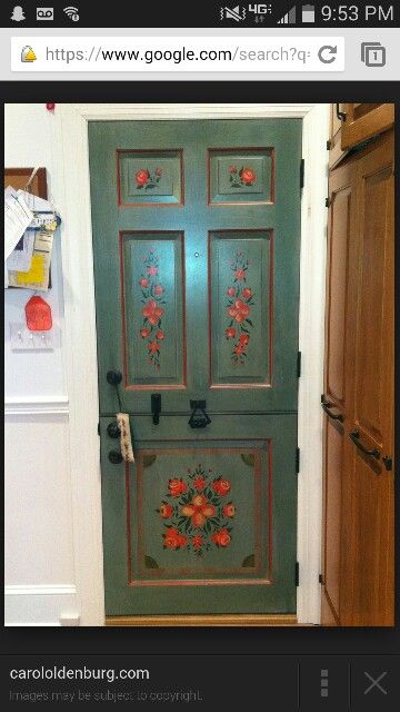 Dutch door design Bedroom Door Design Paint, Scandinavian Folk Art Door, Floral Painted Front Door, Painted Indoor Doors Ideas, Antique Dutch Door, Flowers Painted On Door, Hand Painted Door Frame, Folk Art Painted Door, Folk Painted Door