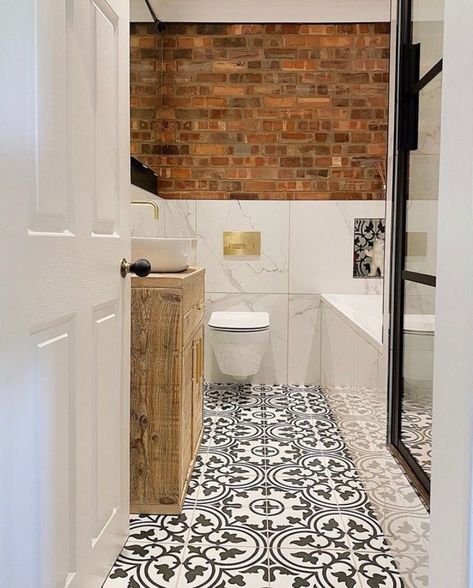 Brick Slips Bathroom, Brick And Tile Bathroom, Bathroom Brick Tiles, Brick Slip Bathroom, Brick Wall Bathroom Ideas, Red Brick Bathroom, Brick Wall In Bathroom, Bathroom With Brick Wall, Bathroom Brick Wall