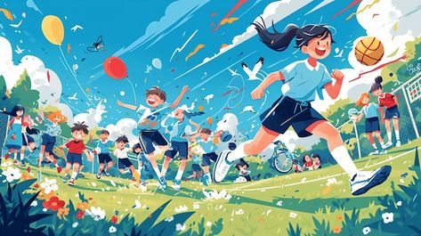 Sports Day Illustration, Day Illustration, Sports Day, School Sports, Premium Vector, Outdoor Sports, Outdoor Activities, Graphic Resources, Sports