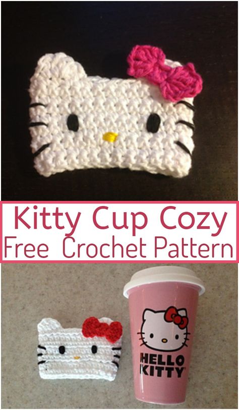 Kitty Cup Cozy Crochet Pattern #freecrochetpattern #crochetcoffeecozy #freecrochetcoffeecozy #crochetcoffeecozypattern #freecrochetcoffeecozycuppattern Crochet Coffee Cup Cozy, Crochet Coffee Cup, Cup Cozy Crochet, Crochet Hello Kitty, Cup Cozy Crochet Pattern, Coaster Patterns, Cup Cozy Pattern, Crochet Mug Cozy, Kitty Pattern