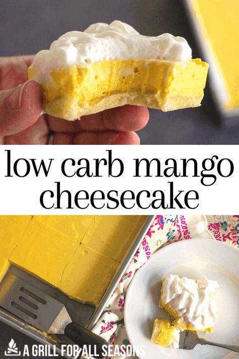 Smooth, sweet, and creamy these no bake mango cheesecake bars are the most delicious dessert any time of the year. The vibrant flavor of mango pairs perfectly with cream cheese. With just 4 net carbs they are low carb, keto friendly, & gluten-free. No Bake Mango Cheesecake, The Boiled Egg Diet, Three Meals A Day, Healthy Low Carb Dinners, Mango Cheesecake, Egg Diet Plan, Mango Dessert, Gluten Free Cheesecake, Joy Filled Eats