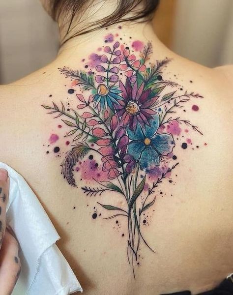 Floral Watercolor Tattoo, Flower Cover Up Tattoos, Colorful Flower Tattoo, Floral Back Tattoos, Watercolor Rose Tattoos, Tier Tattoo, Watercolor Tattoo Flower, Bouquet Tattoo, Wildflower Tattoo