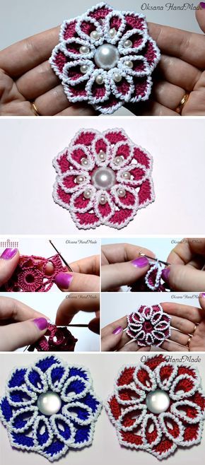 Crochet Flower with Beads Novice Crochet, Crocheting Flowers, Flower With Beads, Flowers With Pearls, Basic Flower, Crochet Puff Flower, Puff Flower, Crochet Circle, Beads Design