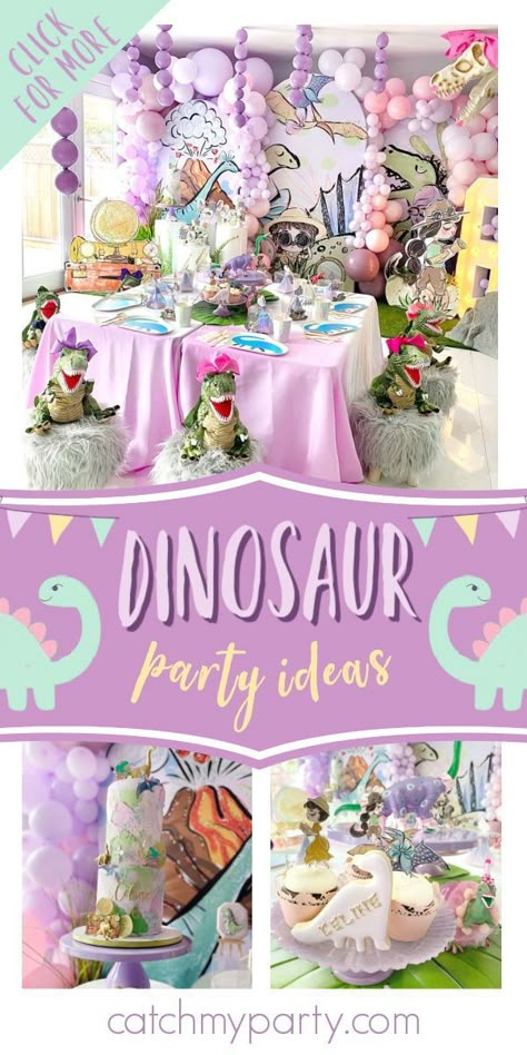 Feast your eyes on this amazing girl dinosaur birthday party! Love the cookies! See more party ideas and share yours at CatchMyParty.com #catchmyparty #partyideas #dinosaur #dinosaurparty #girlbirthdayparty Dinosaur Party Ideas, 3rd Birthday Party For Girls, Third Birthday Girl, 4de Verjaardag, Girl Dinosaur Birthday, Dinosaur Birthday Party Decorations, Girls Birthday Party Themes, Dinosaur Themed Birthday Party, Dino Birthday Party