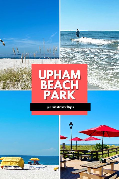 Four photos taken at Upham Beach Park in St Pete Beach showing crystal blue waters, Paradise Grille, paddle boarding, and beach cabanas. Upham Beach Florida, Saint Pete Beach Florida, St Pete Beach Florida Restaurants, Florida Gulf Coast Beaches, Orlando Florida Vacation, Playalinda Beach Florida, St Pete Beach Florida, Florida Rv Parks On The Beach, Florida Travel Destinations