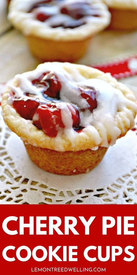 Cherry Pie Cookie Cups are the perfect answer to a cherry pie craving! These bite sized desserts are prepared in 5 minutes and are sure to disappear quickly! Cherry Pie Cookies, Cherry Pies, Cookie Cups Recipe, Dessert Oreo, Cookie Christmas, Cherry Desserts, Bite Size Desserts, Cherry Recipes, Fruit Cups