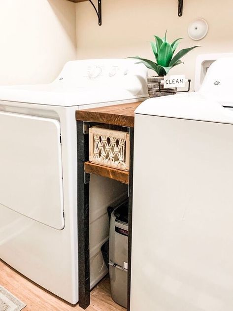 Our apartment's washer and dryer have had so much space in between each other and I've always felt like there was wasted space. I looked up some narrow tables to place in between them, but everything I found weren't the right measurements. I took it upon myself (and voluntold my boyfriend to assist) to create a table for the room from scratch. Here's how it turned out! Take your measurements I used the space in between the washer and dryer to hold my cat's litter stuff. It has alway… Laundry Room Shelf Between Washer And Dryer, Shelf Between Washer And Dryer, Space Between Washer And Dryer, Table For Laundry Room, Reclaimed Kitchen Cabinets, Between Washer And Dryer, Apartment Washer And Dryer, Easy Storage Ideas, Apartment Washer