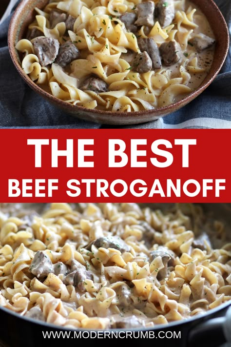 This is the best beef stroganoff! It is full of flavor, creamy and has super tender beef. Beef Stroganoff | Easy and Delicious Family Friendly Recipes | Arizona | Modern Crumb #dinner #beefrecipes #beefstroganoff #pasta #onepandinners Crock Pot Stroganoff, Stroganoff Beef, Lasagne Roll Ups, Homemade Beef Stroganoff, Best Beef Stroganoff, Beef Stroganoff Crockpot, Crumb Recipe, Beef Stroganoff Recipe, Beef Stroganoff Easy