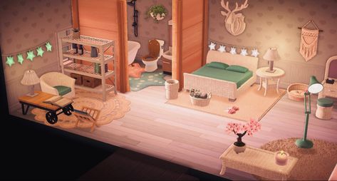 Acnh Bedroom With Bathroom, Acnh Bedroom Inspiration, Bedroom Animal Crossing, Acnh Bedroom, Acnh Aesthetics, Acnh Interior, Acnh Inspiration, Bedroom With Bathroom, Garden Rock Border