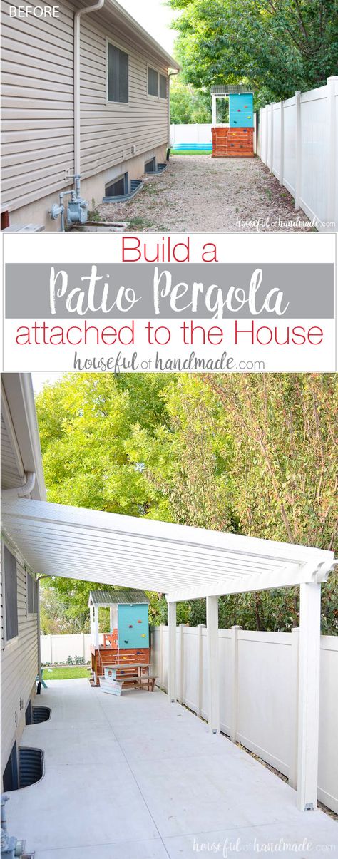 A patio pergola attached to the house is the perfect way to define an outdoor space. And you can build one on a budget in a weekend. See how we built a DIY pergola. Housefulofhandmade.com Build A Patio, White Pergola, Pergola Diy, Building A Patio, Patio Pergola, Building A Pergola, Plans Architecture, Pergola Attached To House, Pergola Design