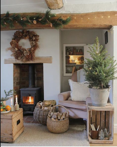 Cozy Christmas Cottage, Cottage Christmas Decor, Log Burner Living Room, Cottage House Interior, Stove Ideas, Country Cottage Interiors, Faux Beams, Christmas Cottage, Cosy Living